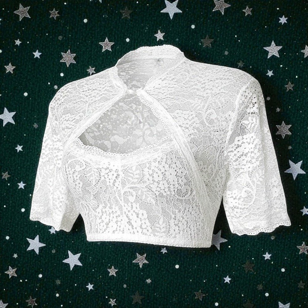 New XL White Lace Dirndl Blouse High‎ Keyhole Neck Vneck Top Shirt Oktoberfest